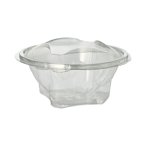 The Starpak 50 delicatessen and salad bowls with hinged lid are clear, round bowls made of R-PET with smooth edges, textured bottom, and a lid with raised sections for easy opening.