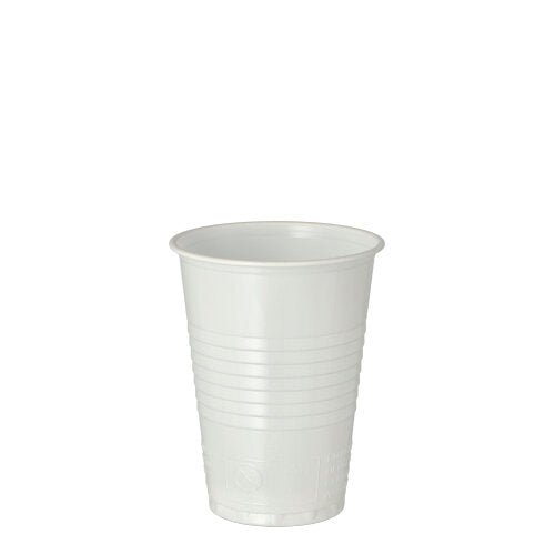 A Starpak 100 drinking cup made of white polystyrene (PS), with a capacity of 0.18 L, Ø 7.03 cm × 9.1 cm; stands upright with a slightly flared rim and horizontal grooves; compatible with vending machines for convenient use. Pack of 100.