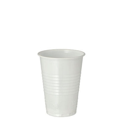 A Starpak 100 drinking cup made of white polystyrene (PS), with a capacity of 0.18 L, Ø 7.03 cm × 9.1 cm; stands upright with a slightly flared rim and horizontal grooves; compatible with vending machines for convenient use. Pack of 100.