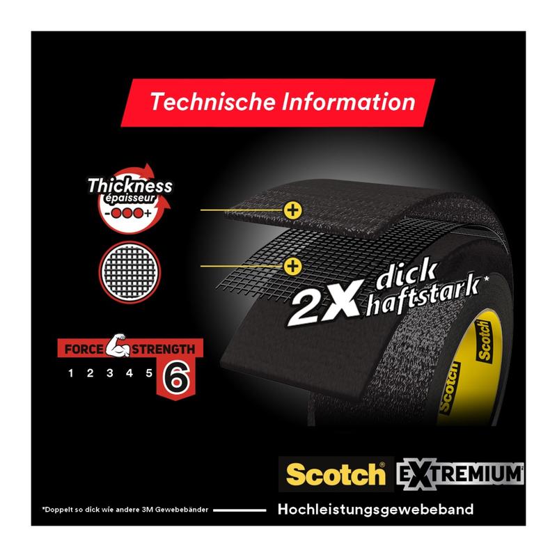 A labeled diagram shows a thick, black roll of 3M Deutschland GmbH Scotch® Extremium™ Ultra High Performance Tape DT17 (25 m x 48 mm) and highlights the double thickness, high adhesive strength, and strength level 6 with technical information in German and English.