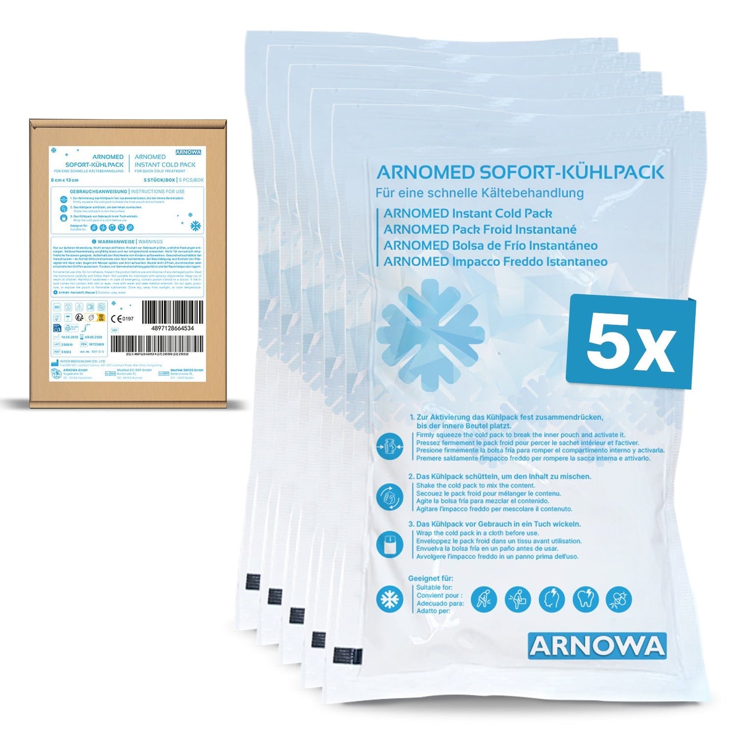 Fünf ARNOMED SOFORTKÄLTEKOMPRESSE der ARNOWA GmbH sind in übersichtlichen Verpackungen mit mehrsprachiger Gebrauchsanweisung neben der Schachtel aufgefächert, die Produktdetails, einen Barcode und eine "5x"-Mengenmarkierung enthält.