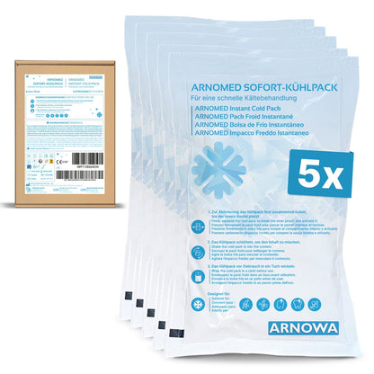Fünf ARNOMED SOFORTKÄLTEKOMPRESSE der ARNOWA GmbH sind in übersichtlichen Verpackungen mit mehrsprachiger Gebrauchsanweisung neben der Schachtel aufgefächert, die Produktdetails, einen Barcode und eine "5x"-Mengenmarkierung enthält.
