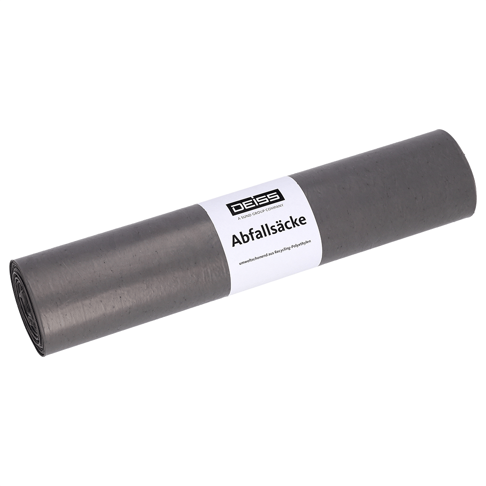 Abgebildet ist eine DEISS 94030 Müllsackrolle (340+300x740x0,05 mm, grau, 25 Stück) der EMIL DEISS KG (GmbH + Co.) mit einem weißen Etikett mit der Aufschrift "DEISS Abfallsäcke" auf einfarbig weißem Hintergrund.