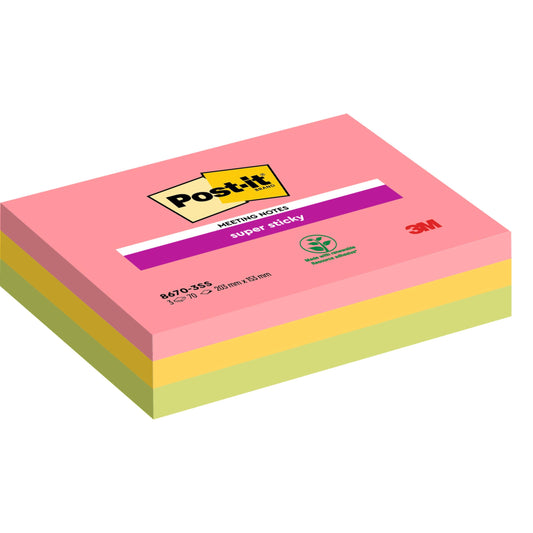 Ein Stapel rechteckiger Post-it® Super Sticky Meeting Notes von 3M Deutschland GmbH in verschiedenen Farben (203 mm x 153 mm, 70 Blatt/Block, 3 Blöcke/Packung), mit Super-Haftnotizen aus 100% PEFC-zertifiziertem Papier (SGSCH-PEFC-COC-110078).
