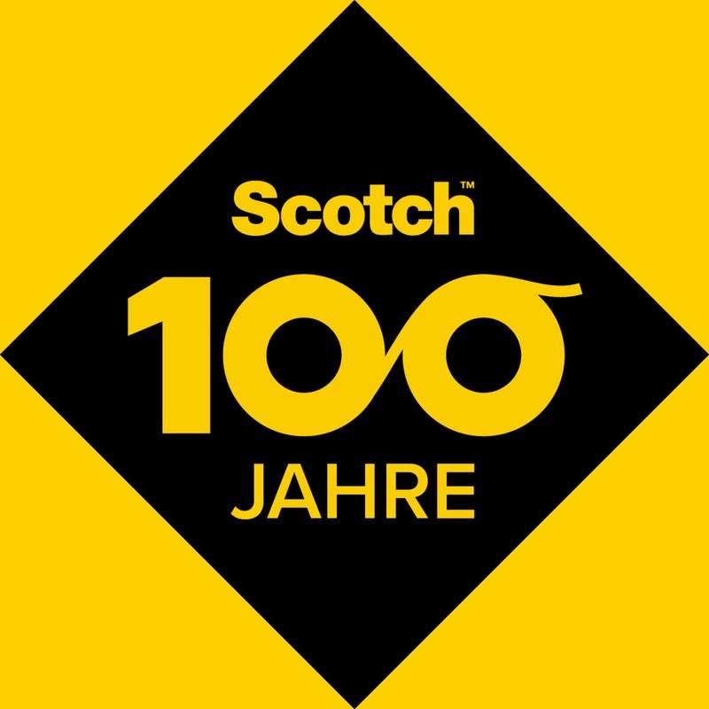 Eine schwarze Raute auf Gelb zeigt "Scotch 100 Jahre" (mit "100" als Unendlichkeitssymbol) und markiert Meilensteine wie den Scotch™ Clip & Twist Klebeband-Abroller C19, Grau, sowie 4 Rollen Scotch® Magic™ Unsichtbares Klebeband, von 3M Deutschland GmbH.