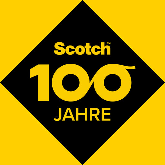 Eine schwarze Raute auf gelbem Grund zeigt die Marke 3M Deutschland GmbH, 100" mit verbundenen Nullen und JAHRE", die ein Jahrhundert Scotch® Universelles Teppichklebeband Innovation für Teppich- und Bodenbelagslösungen kennzeichnet.