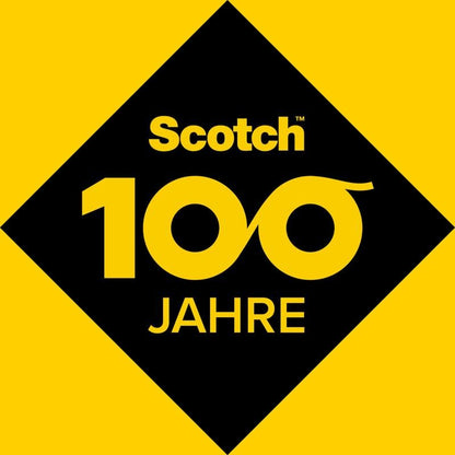 Zur Feier des 100-jährigen Bestehens von Scotch® Magic™ Unsichtbares Klebeband der 3M Deutschland GmbH zeigt die Verpackung eine schwarze Raute mit "Scotch" und "100" in Gelb - mit unendlichen Nullen - über "JAHRE" auf gelbem Hintergrund.