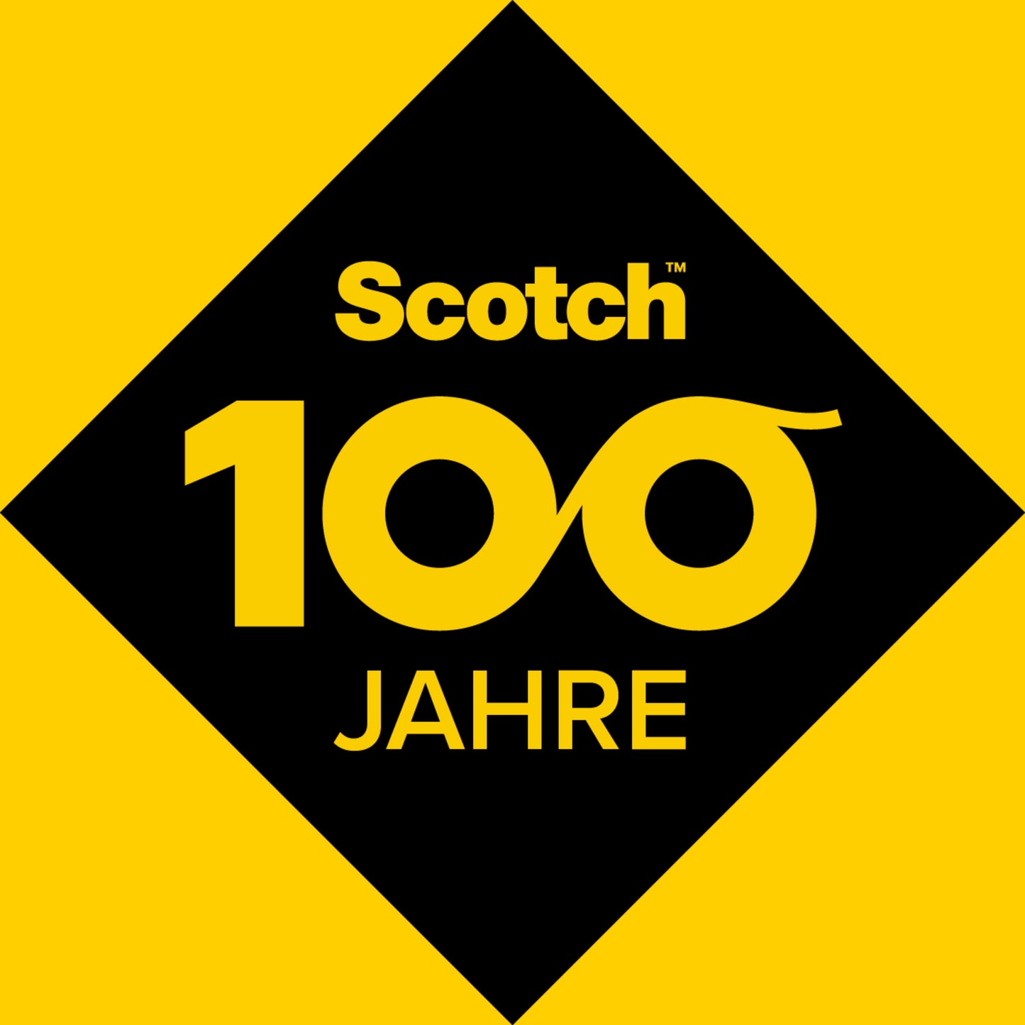 Eine schwarze Raute auf gelbem Grund zeigt "Scotch 100 Jahre" mit durchlaufenden Nullen und markiert 100 Jahre Scotch® Magic™ Unsichtbares Klebeband und den Scotch™ Tischabroller C18 von 3M Deutschland GmbH, Büro Zubehör, 1 Rolle/Packung.