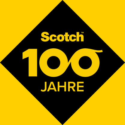 Eine schwarze Raute auf gelbem Grund zeigt "Scotch 100 Jahre" mit durchlaufenden Nullen und markiert 100 Jahre Scotch® Magic™ Unsichtbares Klebeband und den Scotch™ Tischabroller C18 von 3M Deutschland GmbH, Büro Zubehör, 1 Rolle/Packung.