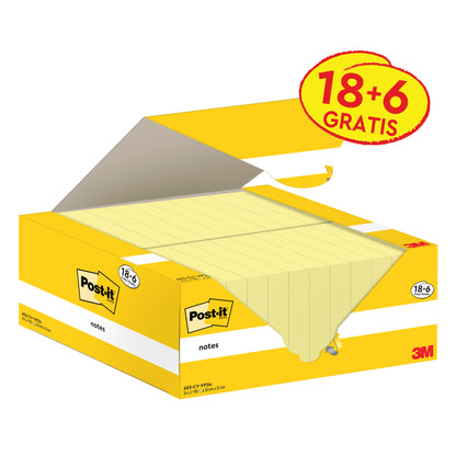 Ein geöffneter Karton Post-it® Notes, Gelb (38 mm x 51 mm, 100 Blatt/Block), der 3M Deutschland GmbH offenbart mehrere gelbe Zettel; die Verpackung bietet 18 Blöcke + 6 gratis und trägt das PEFC-Umweltzeichen.