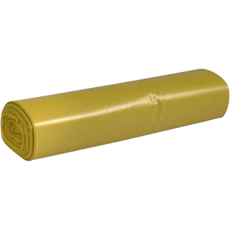 Eine Rolle Abena Re-Seller GmbH Abfallsäcke 70 L (575x1000 mm, 32 my LDPE) liegt waagerecht auf einem weißen Hintergrund. Die glatten, glänzenden gelben Säcke sind fest verpackt und ideal für eine effiziente Müllentsorgung.