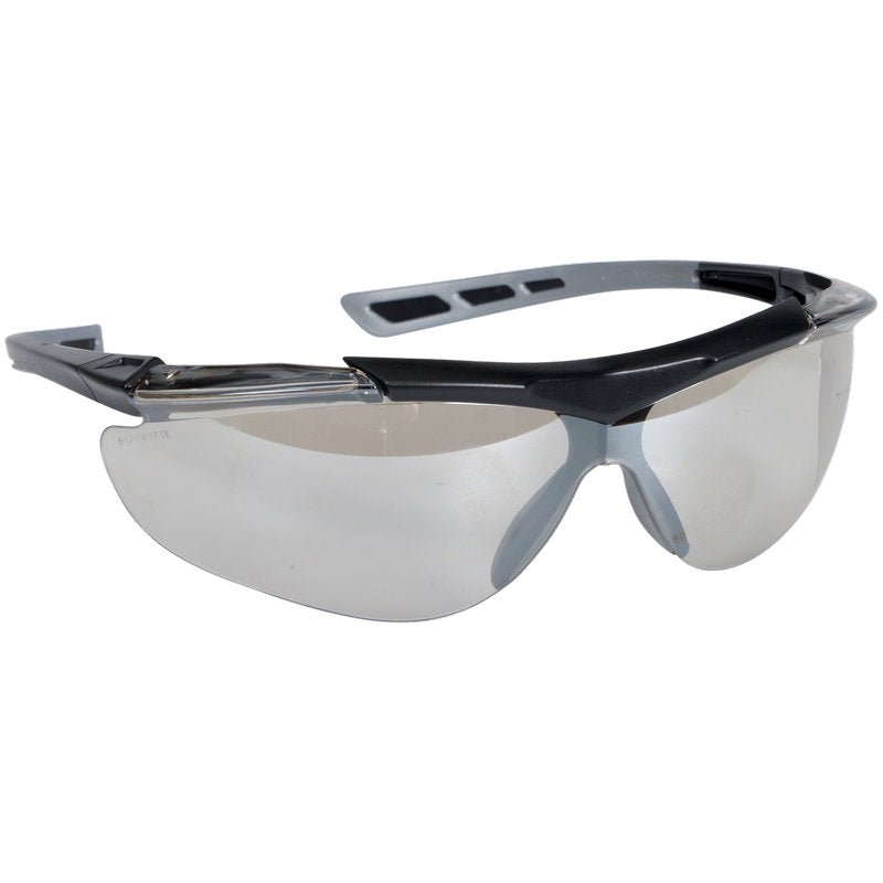 The Thor Reflector Safety Goggles, Clear (821017) from Abena Re-Seller GmbH offer optimal eye protection and clear vision with black and gray plastic frames, wraparound lenses, and ventilated temples. Package: 12 pieces.