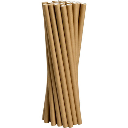 Die Jumbo Trinkhalme Papier, Braun von Abena Re-Seller GmbH stehen aufrecht und leicht gefächert, sodass die weißen Innenflächen an den oberen Enden sichtbar sind.