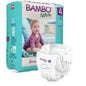 Eine Packung Abena Re-Seller GmbH Bambo Nature Windeln (Größe 4) ist mit einem Baby auf der Verpackung abgebildet. Daneben liegt eine einzelne weiße Windel mit dem Bambo Nature-Logo, grünem Igel und babyfreundlichem Design.