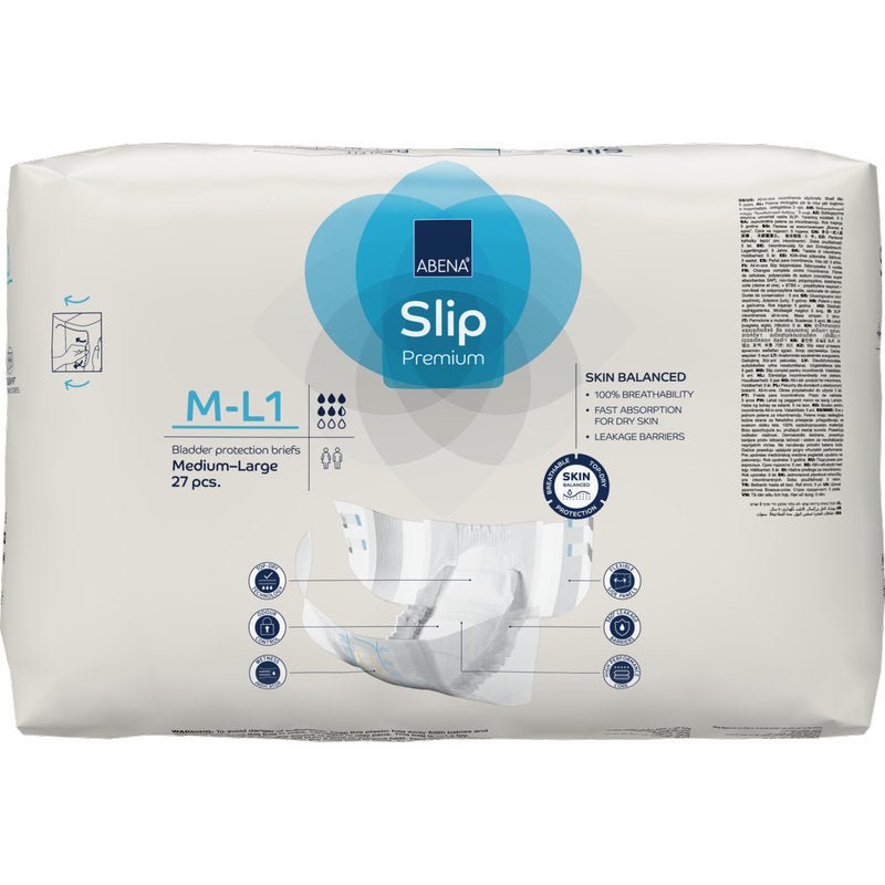 A pack of ABENA Slip Flexi Fit M-L Premium from Abena Re-Seller GmbH, consisting of 27 pieces. The white packaging with blue and gray accents highlights the product information and offers a flexible fit for optimal comfort.