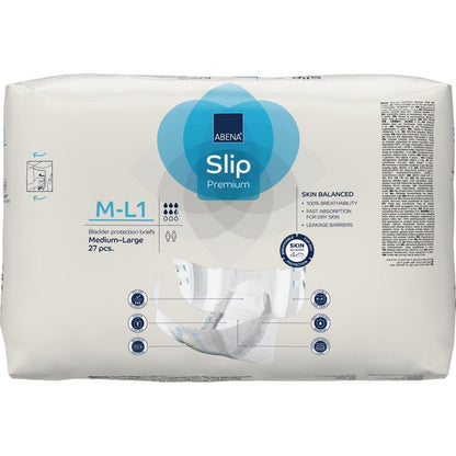 A pack of ABENA Slip Flexi Fit M-L Premium from Abena Re-Seller GmbH, consisting of 27 pieces. The white packaging with blue and gray accents highlights the product information and offers a flexible fit for optimal comfort.