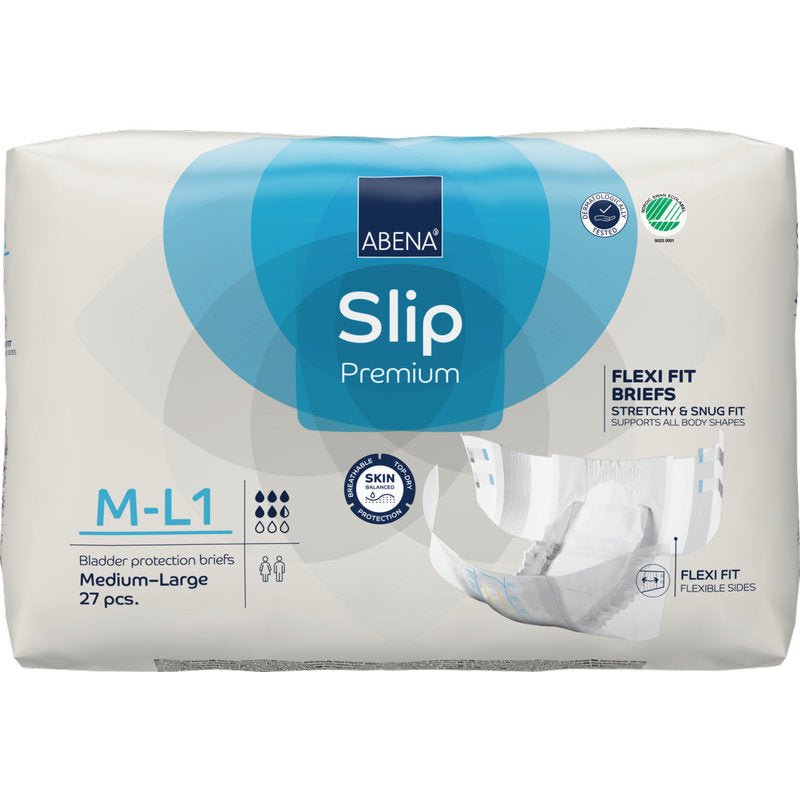 A pack of ABENA Slip Flexi Fit M-L Premium from Abena Re-Seller GmbH, 27 pieces, offers flexible fit and skin protection. The packaging shows a product image of the slip on the right side.