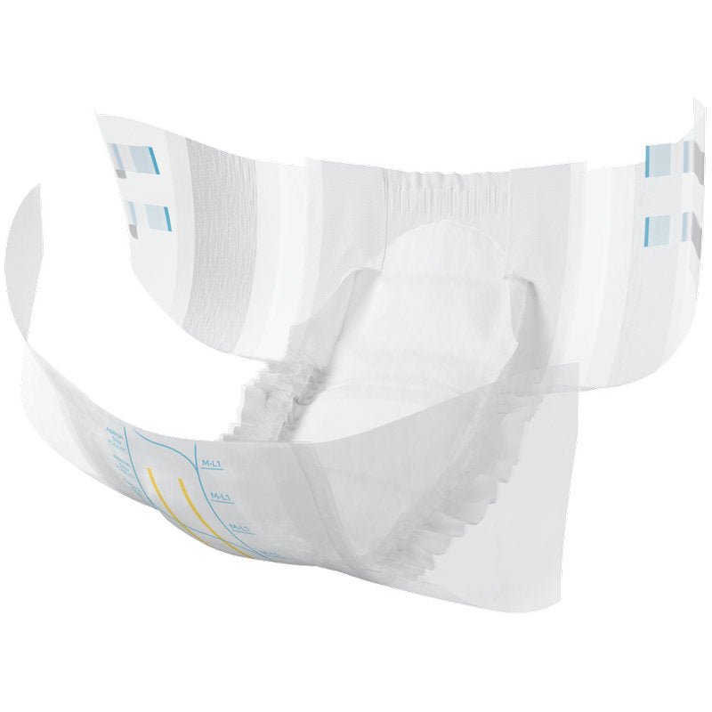 The ABENA Slip Flexi Fit M-L Premium from Abena Re-Seller GmbH impresses with elastic leg cuffs, soft inner fleece, colored markings on the outside, and flexible fit with open displayed absorbent area and waistband.