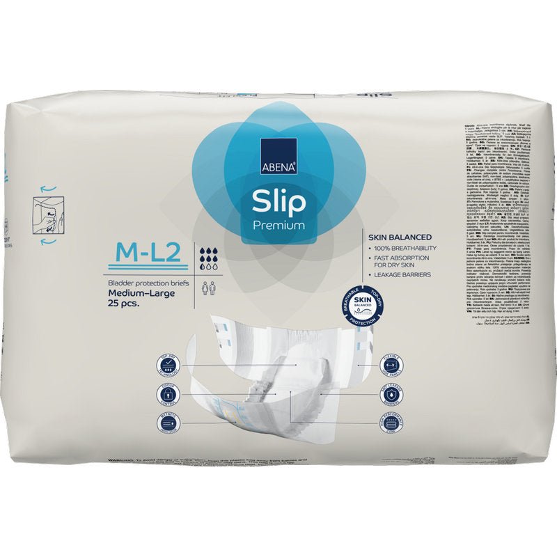 A pack of 25 ABENA Slip Flexi Fit M-L Premium incontinence slips for adults from Abena Re-Seller GmbH. The predominantly white packaging with blue accents ensures a flexible fit and clear product information on the front.