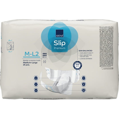 A pack of 25 ABENA Slip Flexi Fit M-L Premium incontinence slips for adults from Abena Re-Seller GmbH. The predominantly white packaging with blue accents ensures a flexible fit and clear product information on the front.
