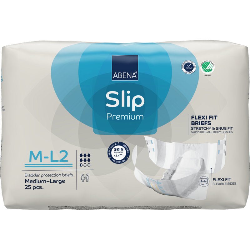ABENA Slip Flexi Fit M-L Premium from Abena Re-Seller GmbH, pack with 25 slips for adults. Offers flexible fit and premium quality, with absorbency symbols and branding on a white and blue background.