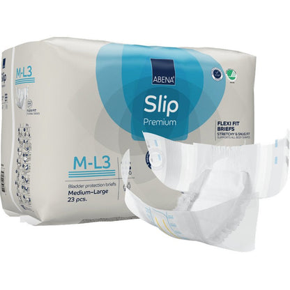 A pack of ABENA Slip Flexi Fit M-L Premium from Abena Re-Seller GmbH, containing 23 medium-sized slips for adults, is depicted with a partially removed slip.