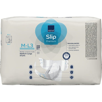 A pack of ABENA Slip Flexi Fit M-L Premium from Abena Re-Seller GmbH, medium-sized, 23 pieces. The beige packaging with blue-gray accents emphasizes premium quality and flexible fit for maximum comfort.