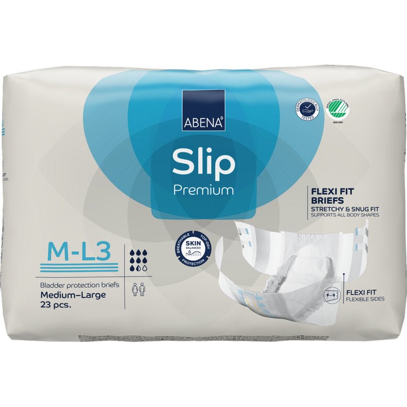 A pack of ABENA Slip Flexi Fit M-L Premium from Abena Re-Seller GmbH, 23 pieces. The packaging highlights premium quality, flexible fit, skin protection, and high absorbency with images and icons.