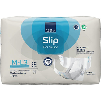 A pack of ABENA Slip Flexi Fit M-L Premium from Abena Re-Seller GmbH, 23 pieces. The packaging highlights premium quality, flexible fit, skin protection, and high absorbency with images and icons.