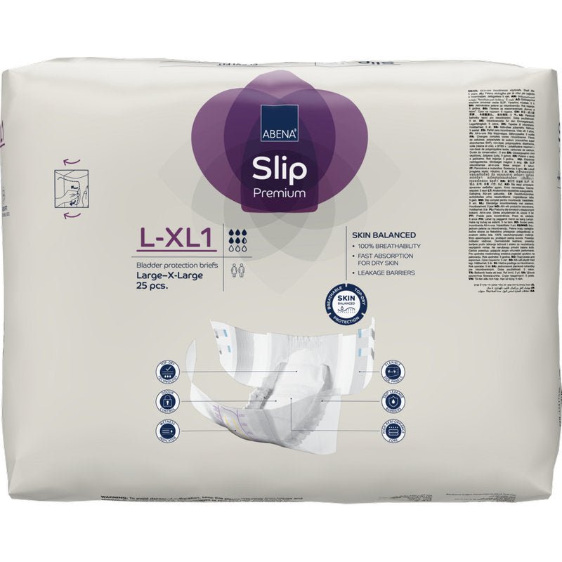 A package of ABENA Slip Flexi Fit M-L Premium from Abena Re-Seller GmbH contains 25 incontinence briefs. The white packaging with purple accents highlights the flexible fit and key product details on the front.
