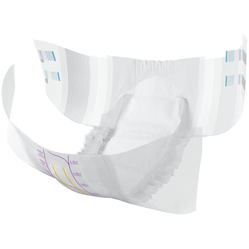 The ABENA Slip Flexi Fit M-L Premium from Abena Re-Seller GmbH is an adult incontinence diaper with a flexible fit, elastic leg cuffs, a white absorbent core, and blue and purple marking stripes.