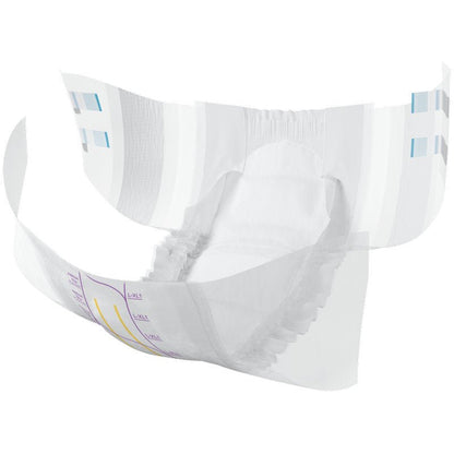 The ABENA Slip Flexi Fit M-L Premium from Abena Re-Seller GmbH is an adult incontinence diaper with a flexible fit, elastic leg cuffs, a white absorbent core, and blue and purple marking stripes.