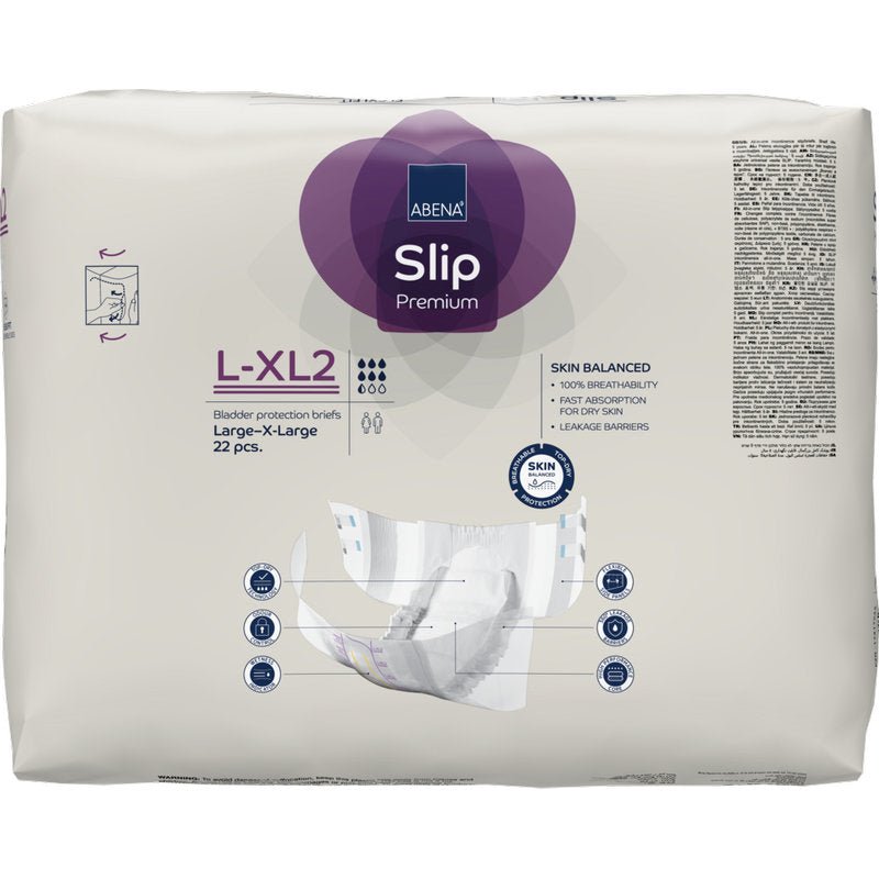 A package of ABENA Slip Flexi Fit M-L Premium from Abena Re-Seller GmbH contains 22 pieces. The beige packaging with purple and blue accents highlights the flexible fit and premium quality and is equipped with a short product image.