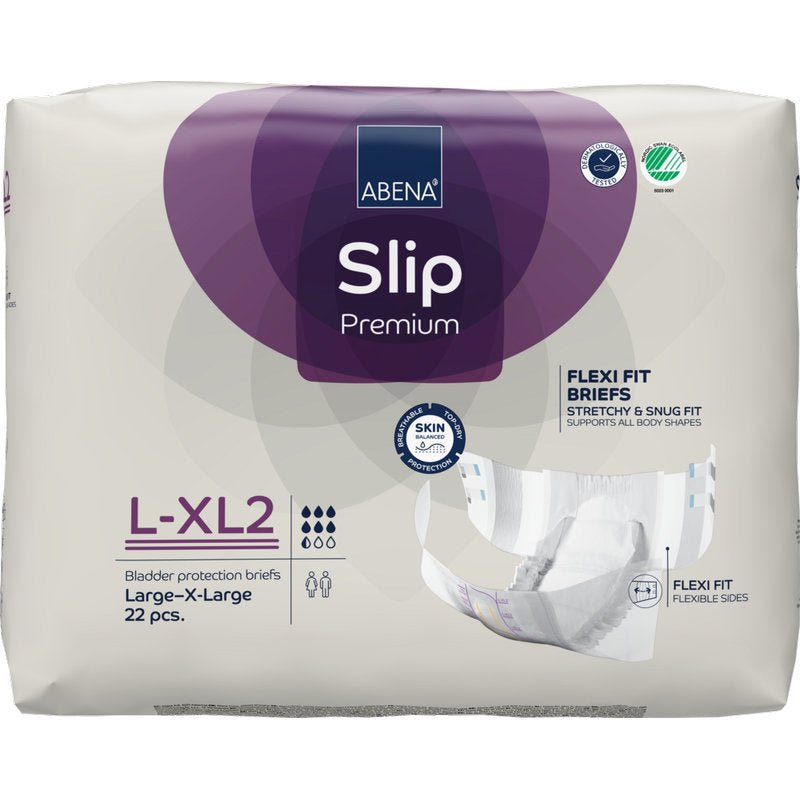 A package of ABENA Slip Flexi Fit M-L Premium from Abena Re-Seller GmbH with 22 pieces features flexible briefs for a perfect fit and skin-friendly materials.