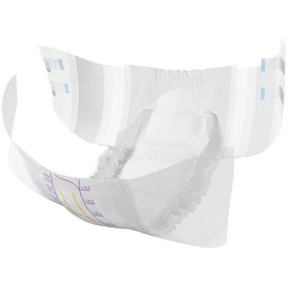 The ABENA Slip Flexi Fit M-L Premium from Abena Re-Seller GmbH is an open adult incontinence diaper with elastic leg closures and waistband for a flexible fit, printed size information, and blue adhesive tabs on the sides.