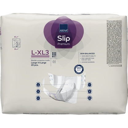 A 20-pack of ABENA Slip Flexi Fit M-L Premium adult diapers from Abena Re-Seller GmbH, featuring quick absorption, leak guards, flexible fit, and skin balance technology.