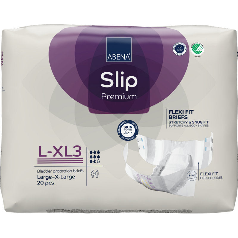 Eine Packung ABENA Slip Flexi Fit M-L Premium von Abena Re-Seller GmbH enthält 20 Stück und zeichnet sich durch Premiumqualität, flexible Passform, Hautschutz und flexible Seiten aus.