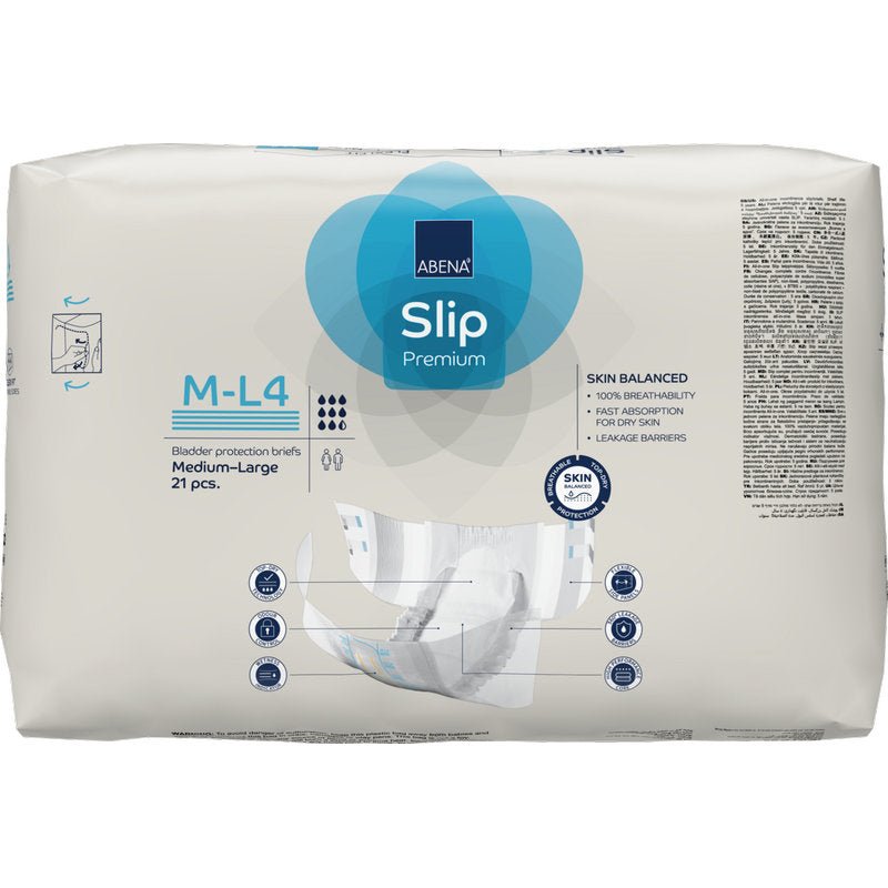 A pack of ABENA Slip Flexi Fit M-L Premium from Abena Re-Seller GmbH (21 pieces) for adults, size medium-large, offers premium quality and flexible fit. The packaging has a predominantly white design with blue and gray accents.