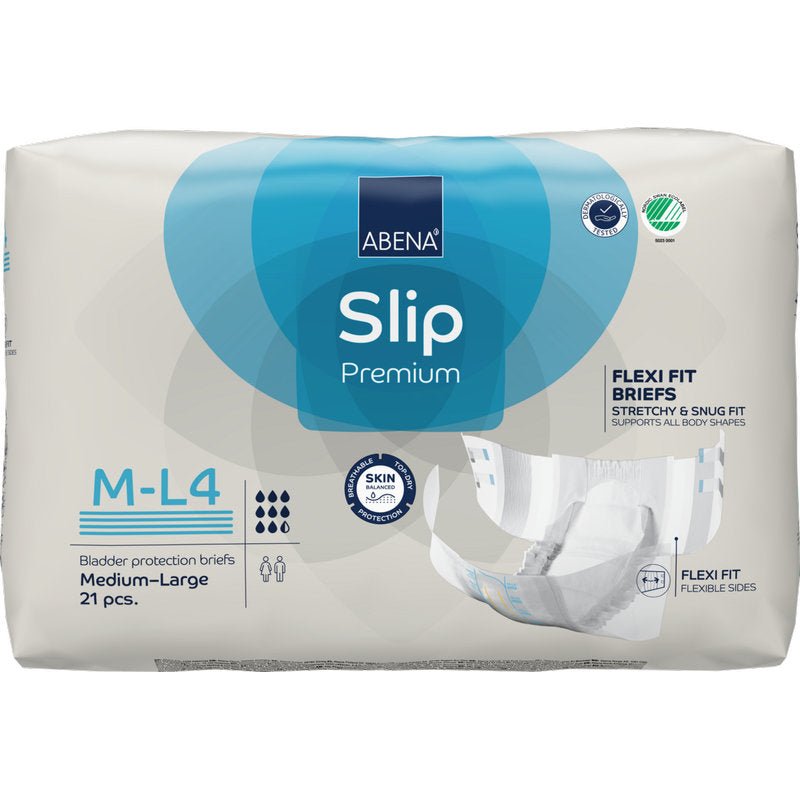A pack with 21 ABENA Slip Flexi Fit M-L Premium from Abena Re-Seller GmbH features "Flexi Fit Briefs", skin-friendly material, flexible fit, and a product image on the right side.