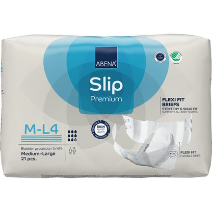 A pack with 21 ABENA Slip Flexi Fit M-L Premium from Abena Re-Seller GmbH features "Flexi Fit Briefs", skin-friendly material, flexible fit, and a product image on the right side.