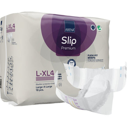 A package of ABENA Slip Flexi Fit M-L Premium from Abena Re-Seller GmbH in white and purple packaging with an unfolded brief design, flexible fit, and premium quality.