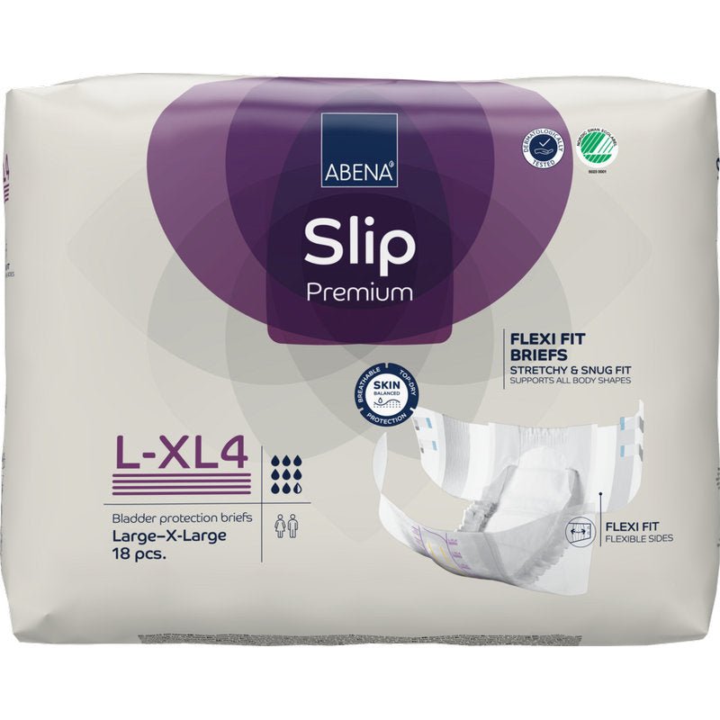 A package of ABENA Slip Flexi Fit M-L Premium from Abena Re-Seller GmbH contains 18 pieces. The packaging offers benefits like flexible fit and skin protection, with an illustration on the front.
