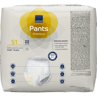 Eine 16-teilige Packung ABENA Pants Premium S von Abena Re-Seller GmbH für Blasenschutz, Größe small. Die überwiegend weiße Verpackung mit gelber und blauer Farbe enthält Produktinformationen, Icons und ein Foto der Inkontinenzhose.