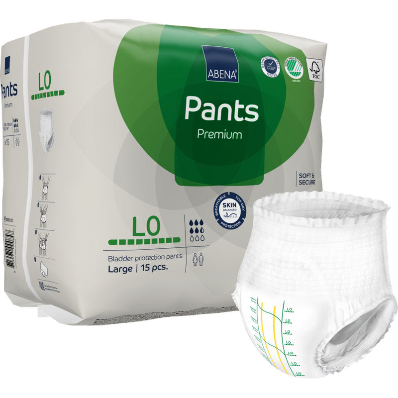 Eine 15-teilige Packung ABENA Pants Premium L von Abena Re-Seller GmbH, Größe Large. Eine Hose ist außerhalb der Verpackung abgebildet. Sie hat eine deutliche Größenmarkierung und elastische Beinöffnungen für einen effektiven Auslaufschutz.
