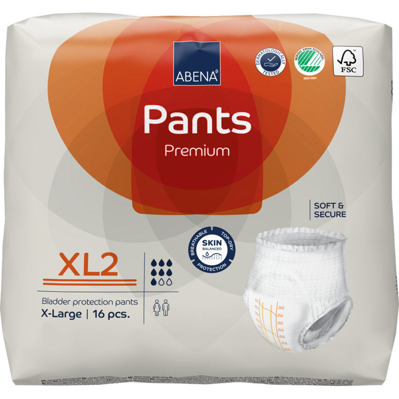 Eine Packung ABENA Pants Premium XL von Abena Re-Seller GmbH, Größe XL2, enthält 16 Stück in einer weißen Verpackung mit orangefarbenen Akzenten, Zertifizierungslogos und einem Produktbild.