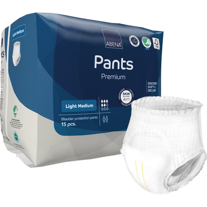 A pack of 15 ABENA Pants Light from Abena Re-Seller GmbH, size Light Medium. A discreet adult pant is pictured in front of the blue and white packaging.