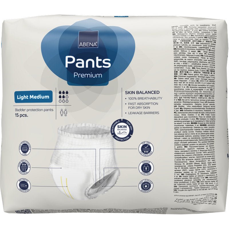 A 15-piece pack of ABENA Pants Light (Abena Re-Seller GmbH) in medium size, with product details, icons, multilingual text, and a disposable incontinence pants illustration on the front of the packaging.