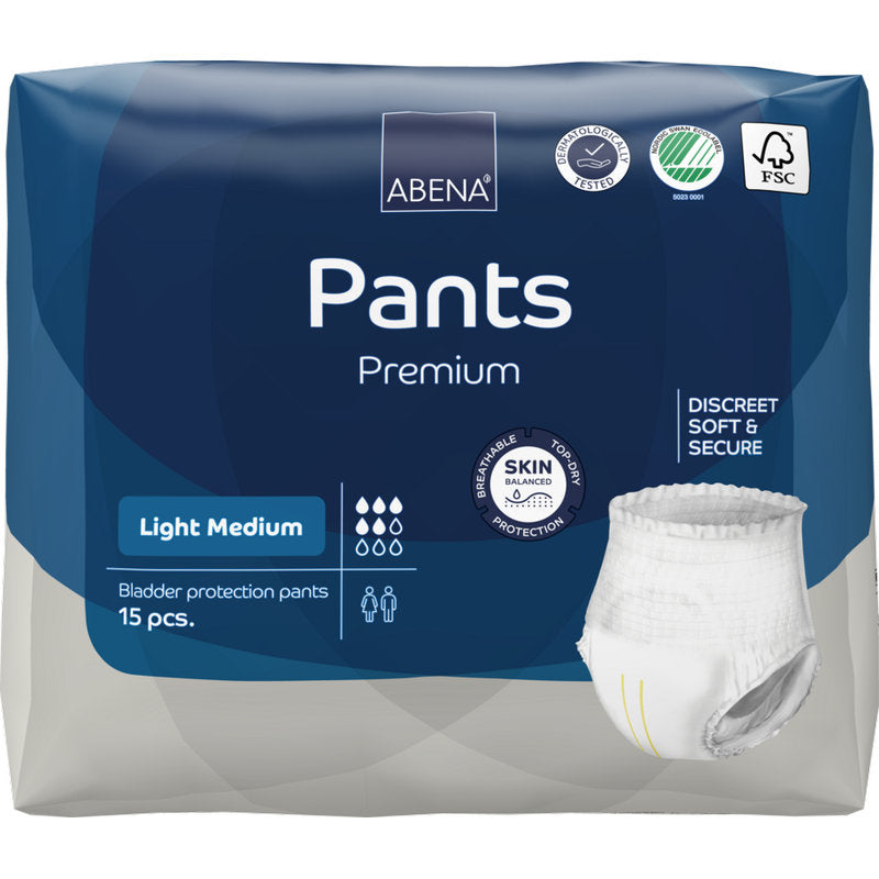 Ein 15er-Pack ABENA Pants Light der Abena Re-Seller GmbH bietet diskreten, weichen und sicheren Tragekomfort mit Hautschutz, in blau-weißer Verpackung.