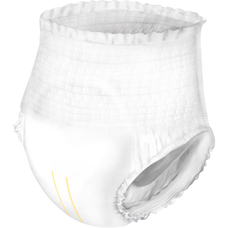 The ABENA Pants Light from Abena Re-Seller GmbH is a white disposable children's diaper with an elastic waistband, elastic leg openings, and two yellow front lines, standing upright against a plain background.
