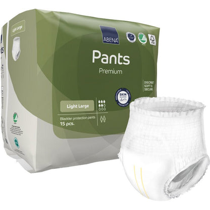 Pictured is a pack of ABENA Pants Light from Abena Re-Seller GmbH in size Large with an unfolded white protective pant. The eco-friendly pack contains 15 skin-friendly disposable incontinence pants.